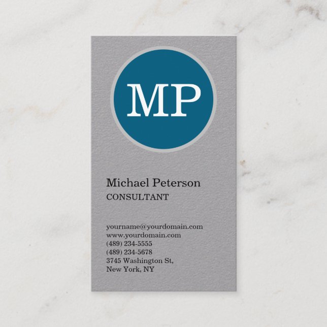 Vertical Grey Blue Circle Monogram Name Address Business Card (Front)