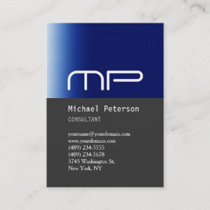 Vertical Grey Blue Stripe Monogram Business Card