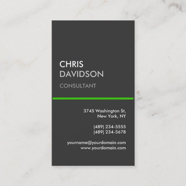 Vertical Grey Green Line Attractive Business Card (Front)