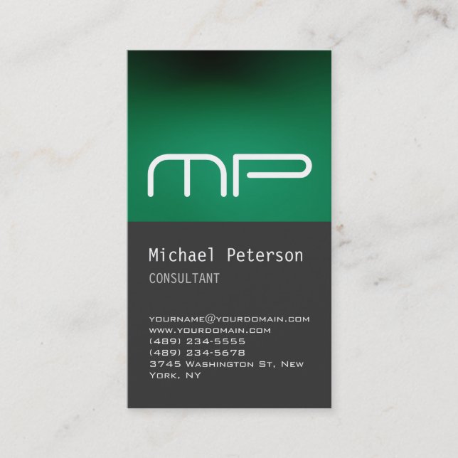 Vertical Grey Green Stripe Monogram Business Card (Front)