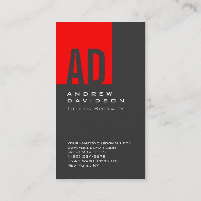 Vertical Grey Red Monogram Stripe Business Card (Front)