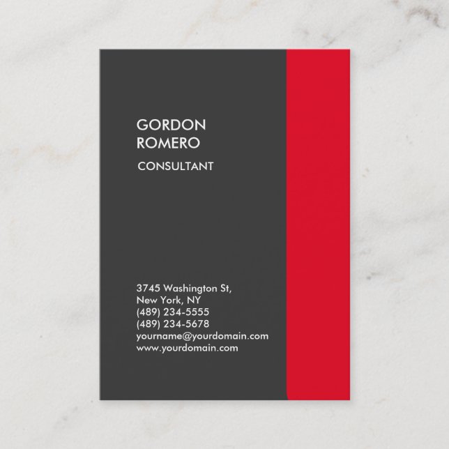 Vertical Grey Red Stripe Elegant Plain Modern Business Card (Front)