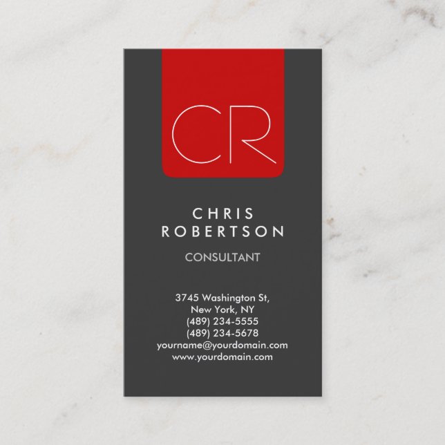 Vertical Grey Red Stripe Monogram Business Card (Front)