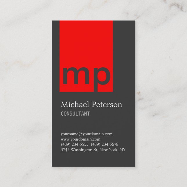 Vertical Grey Red Stripe Monogram Business Card (Front)