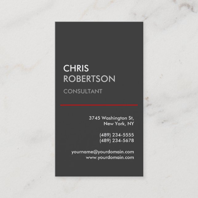 Vertical Grey Red Trendy Modern Business Card (Front)