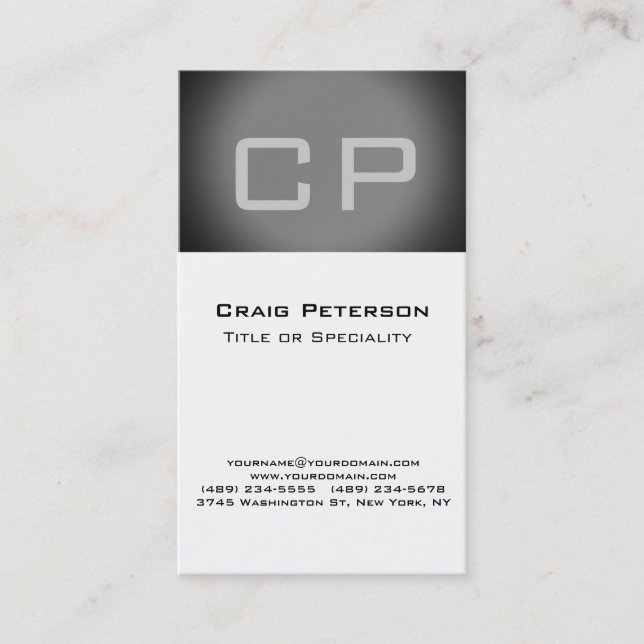 Vertical Grey Stripe White Monogram Business Card (Front)