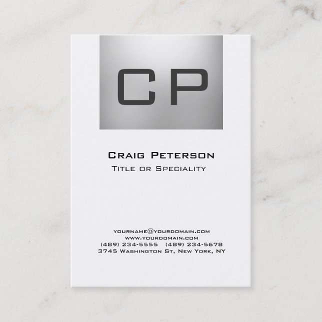 Vertical Grey White Monogram Business Card (Front)