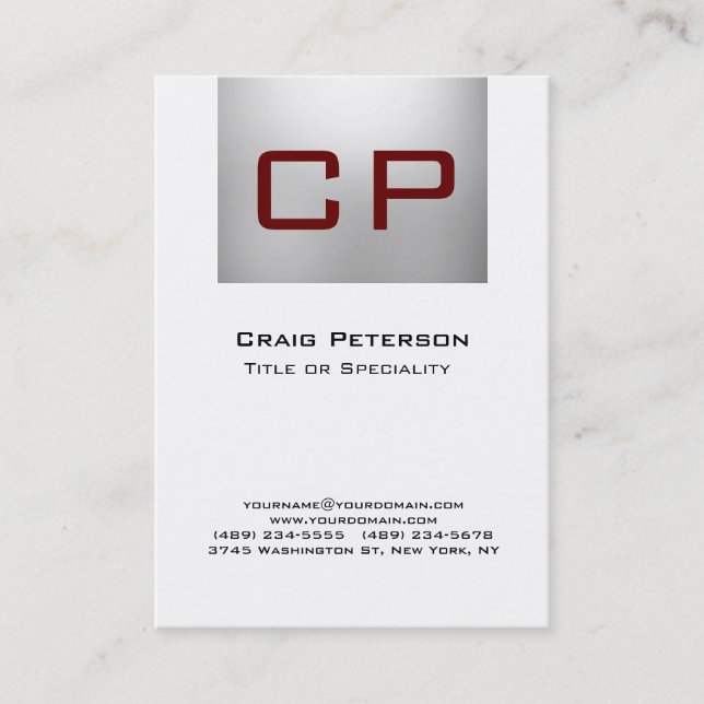 Vertical Grey White Red Monogram Business Card (Front)