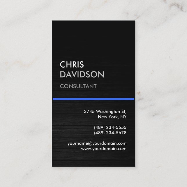 Vertical Grey Wood Blue Line Business Card (Front)