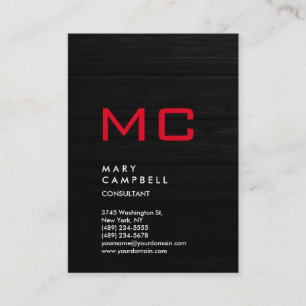 Vertical Grey Wood Red Trendy Monogram Business Card
