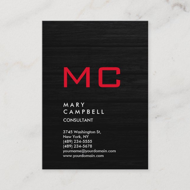 Vertical Grey Wood Red Trendy Monogram Business Card (Front)
