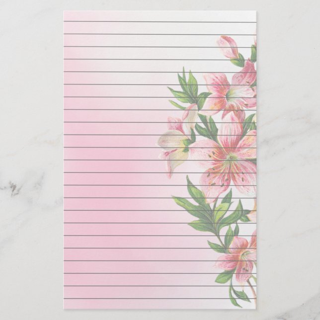 Vertical Group of Pink Flowers Lined Stationery (Front)