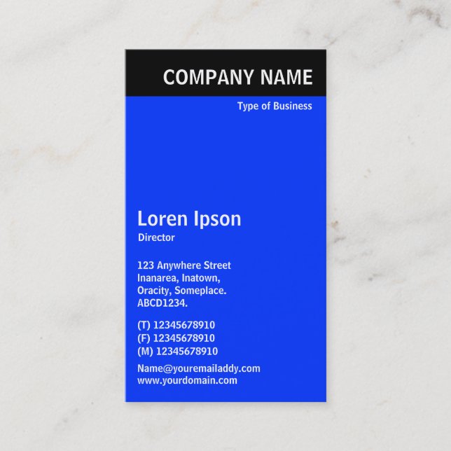 Vertical Header - Black with Blue 0033FF Business Card (Front)