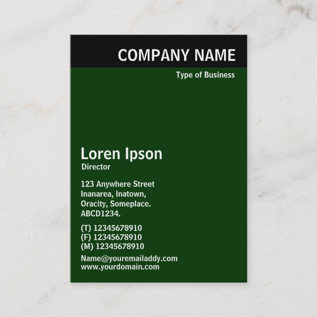 Vertical Header - Black with Dark Green 003300 Business Card (Front)