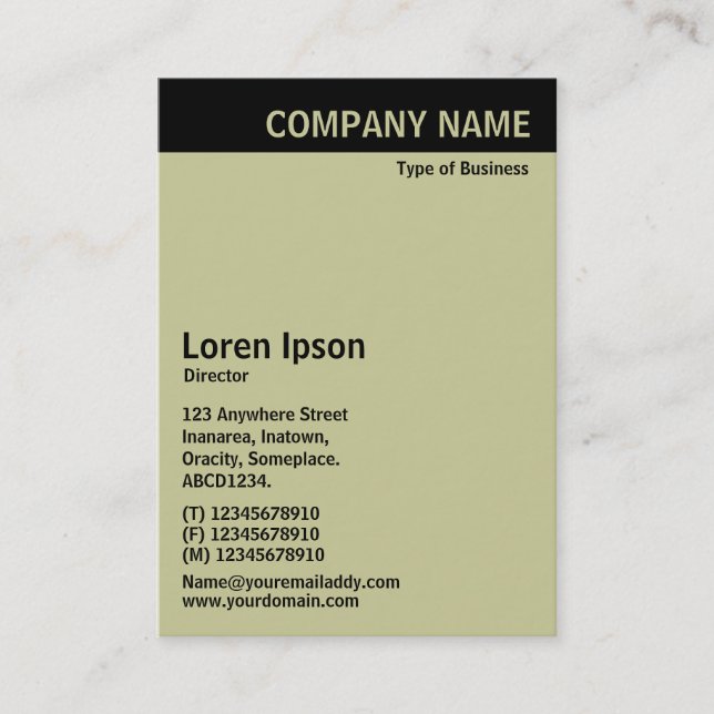 Vertical Header - Black with Warm Grey CCCC99 Business Card (Front)