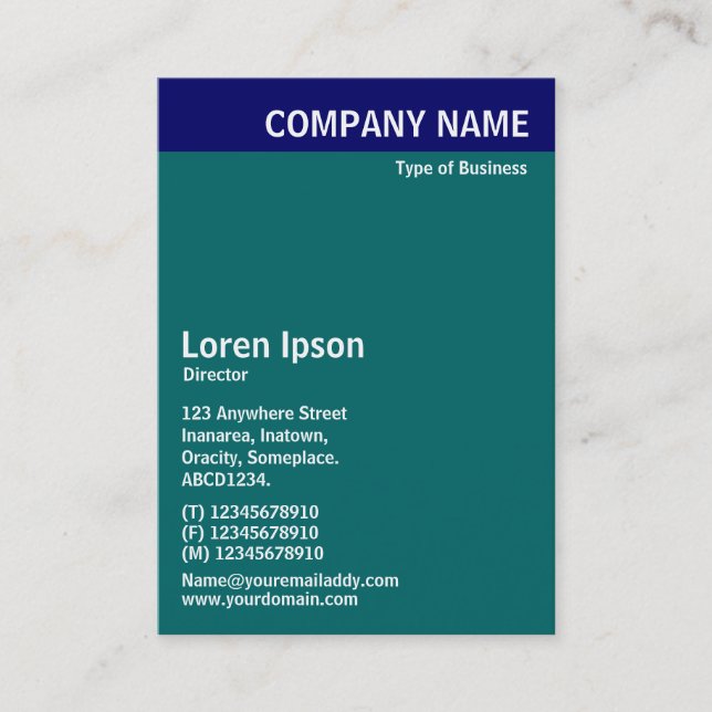 Vertical Header - Blue with Teal 006666 and White Business Card (Front)