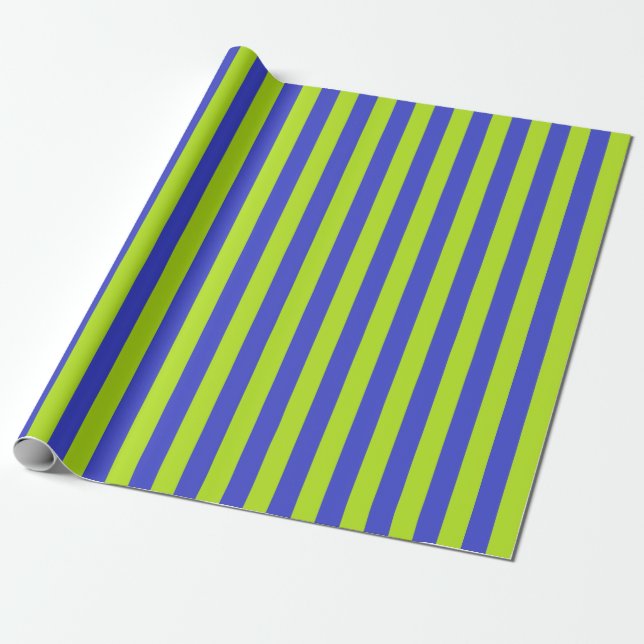 Vertical Lime Green and Blue Stripes Wrapping Paper (Unrolled)