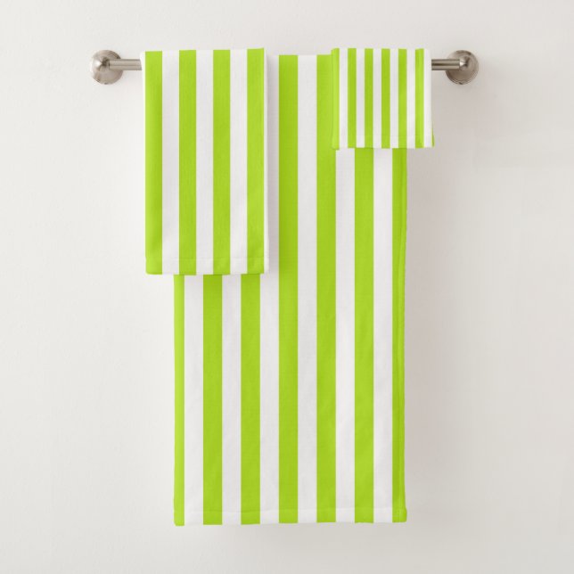 Vertical Lime Green and White Stripes Bath Towel Set (Insitu)
