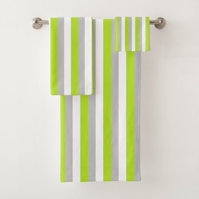 Vertical Lime Green, Silver and White Stripes Bath Towel Set (Insitu)