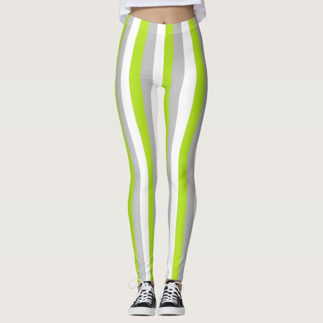Vertical Lime Green, Silver and White Stripes Leggings (Front)