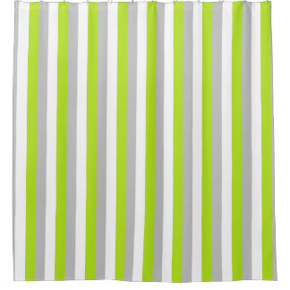 Vertical Lime Green, Silver and White Stripes Shower Curtain