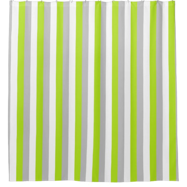 Vertical Lime Green, Silver and White Stripes Shower Curtain (Front)