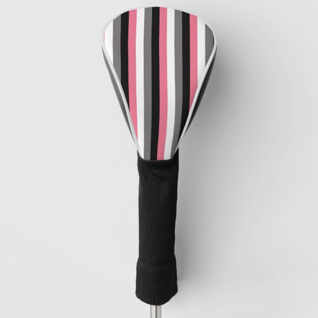 Vertical Lines Pink White Grey Black Stripes Golf Head Cover (Front)