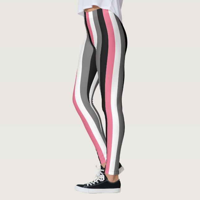 Vertical Lines Pink White Grey Black Stripes Leggings (Left)