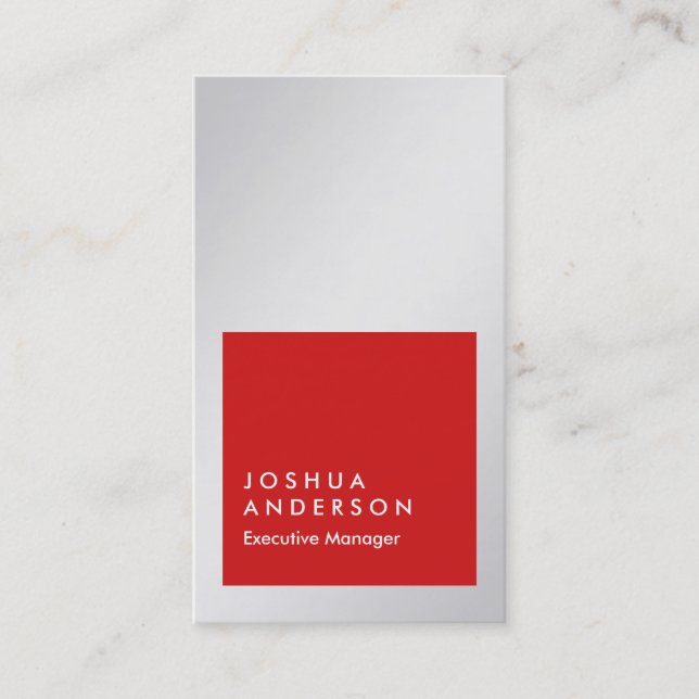 Vertical metallic silver grey red professional business card (Front)