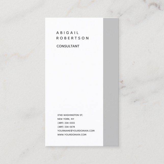 Vertical Minimalist Plain Modern Grey White Trendy Business Card (Front)
