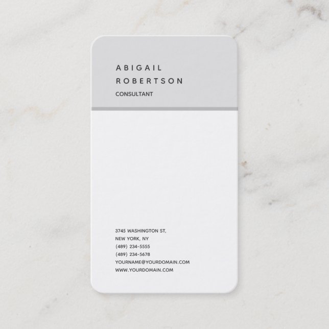 Vertical Minimalist Plain Modern Grey White Trendy Business Card (Front)