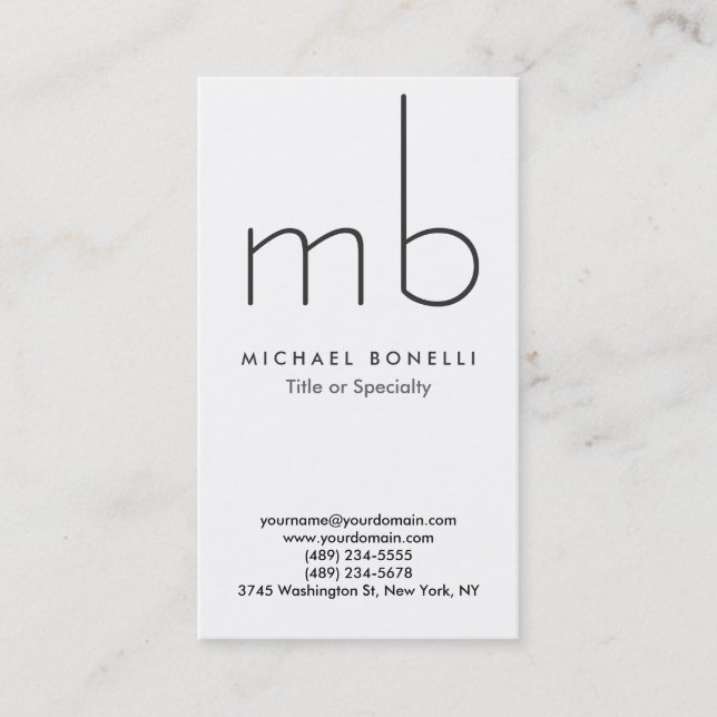 Vertical Modern Monogram White Clean Business Card (Front)