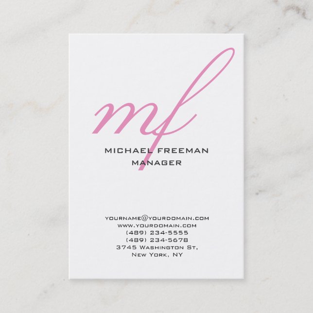 Vertical modern pink white handwriting monogram business card (Front)