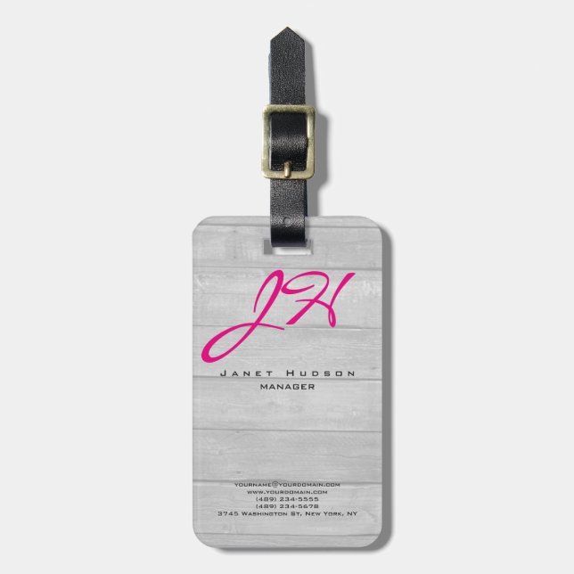 Vertical modern wood background script monogram  luggage tag (Front Vertical)