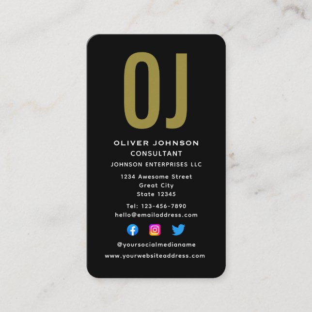 Vertical Monogram Initials Name Black White Gold Business Card (Front)