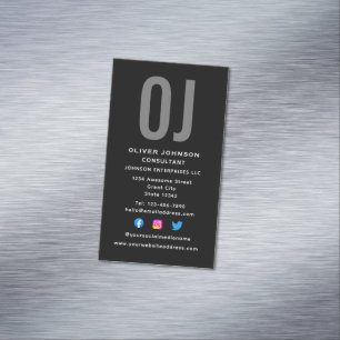 Vertical Monogram Initials Name Black White Grey Magnetic Business Card