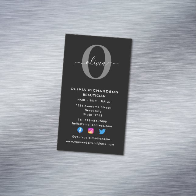 Vertical Monogram Script Name Black White Grey Magnetic Business Card (In Situ)