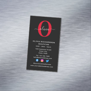 Vertical Monogram Script Name Black White Red Magnetic Business Card