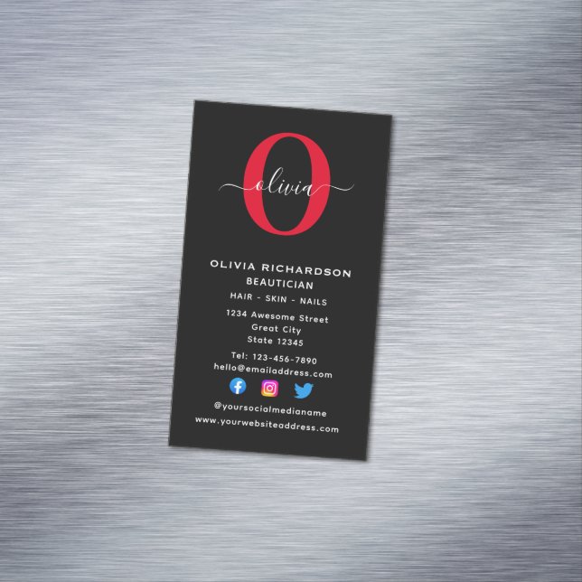 Vertical Monogram Script Name Black White Red Magnetic Business Card (In Situ)