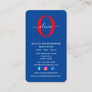 Vertical Monogram Script Name Blue White Red Business Card