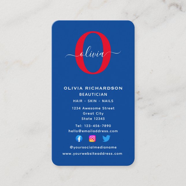 Vertical Monogram Script Name Blue White Red Business Card (Front)