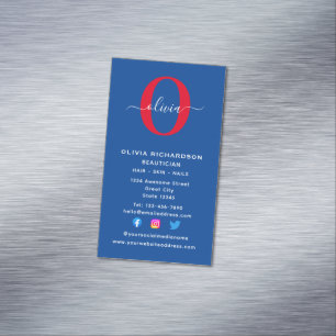 Vertical Monogram Script Name Blue White Red Magnetic Business Card