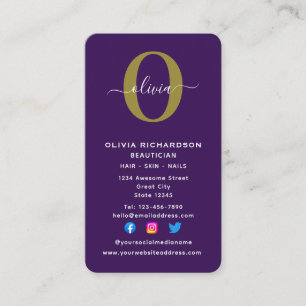 Vertical Monogram Script Name Purple White Gold Business Card
