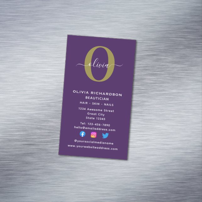 Vertical Monogram Script Name Purple White Gold Magnetic Business Card (In Situ)