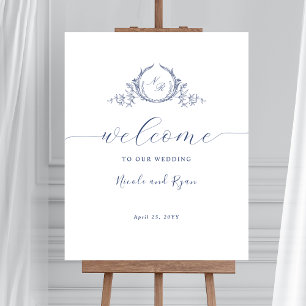 Vertical Navy Blue Monogram Wedding Welcome Sign