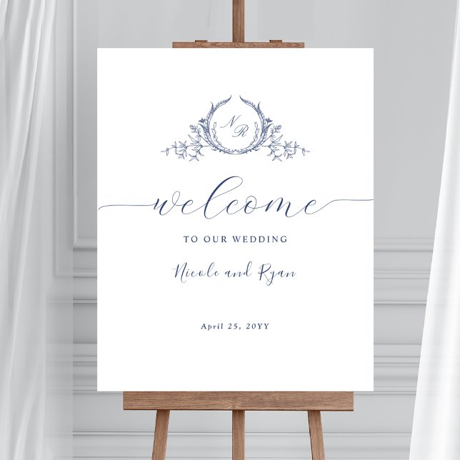 Vertical Navy Blue Monogram Wedding Welcome Sign (Creator Uploaded)