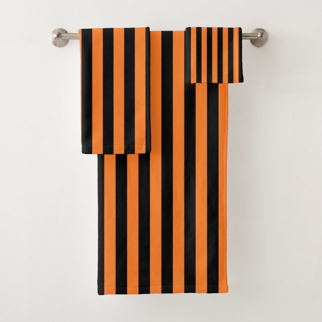 Vertical Orange and Black Stripes Bath Towel Set (Insitu)