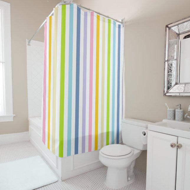 Vertical Pastel Rainbow and White Stripes Shower Curtain (In Situ)