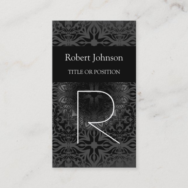 Vertical Pattern Black Grey Monogram Business Card (Front)