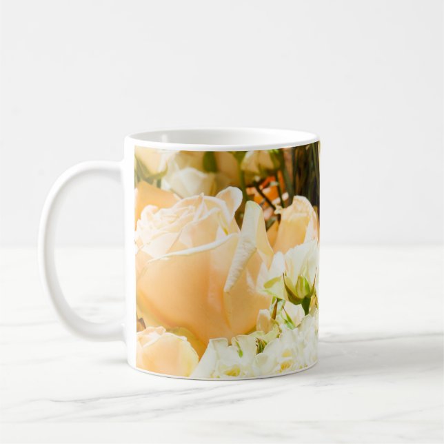Vertical pattern of white roses. anniversary, back coffee mug (Left)